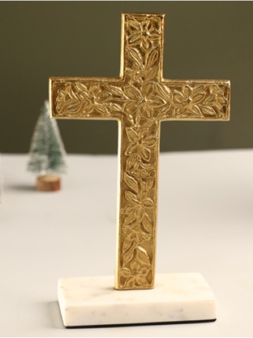 10.5” goldtone cast iron crucifix with marble base. Made in India
